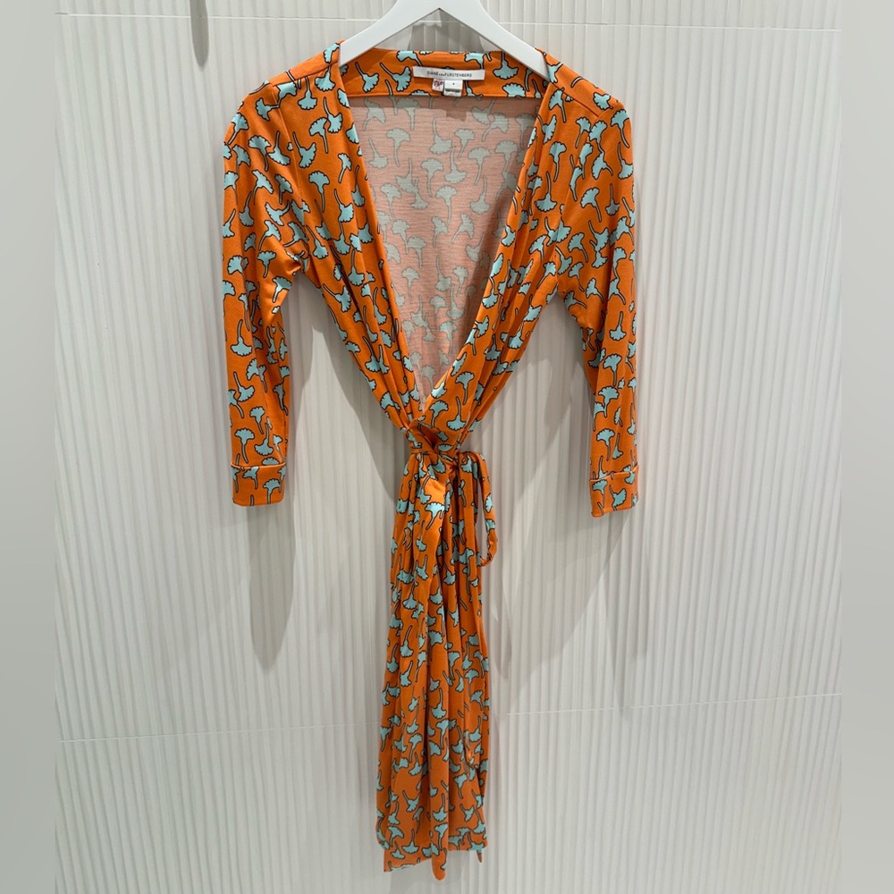 Diane Von Furstenberg Orange Midi Wrap Dress with Blue Floral Print